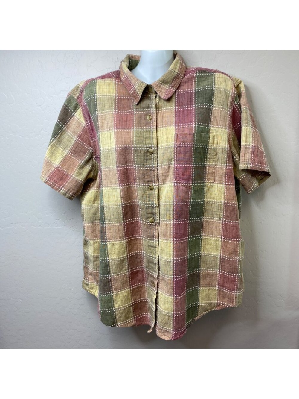 Capistrano Womens Button-Up Shirt Short Sleeves Plaid Pattern Size Large